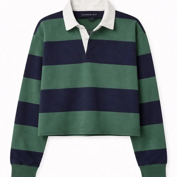 Abercrombie & Fitch Green and Navy Striped Polo - Picture 1 of 4